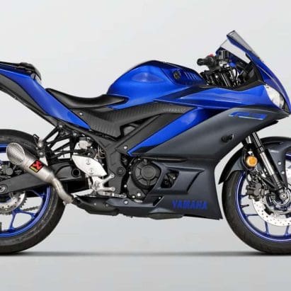 Yamaha's R3, featuring the new Akrapovič track only slip-on pipe. Media sourced from RideApart.