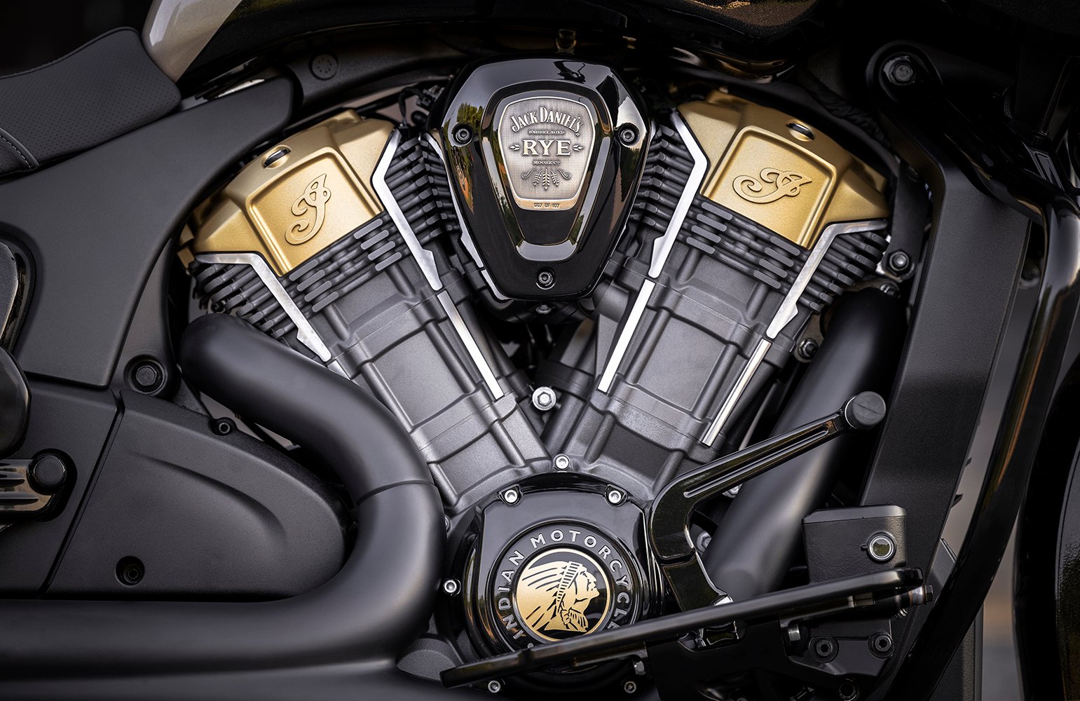 A view of the engine on the Limited Edition Indian Challenger Dark Horse created in partnership with Jack Daniels and the Klock Werk Custom Cycles Shop