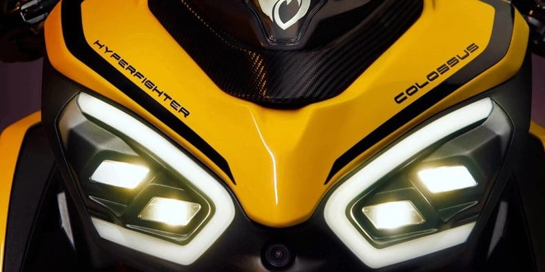 A frontal close-up of an electric motorcycle called the Hyperfighter.