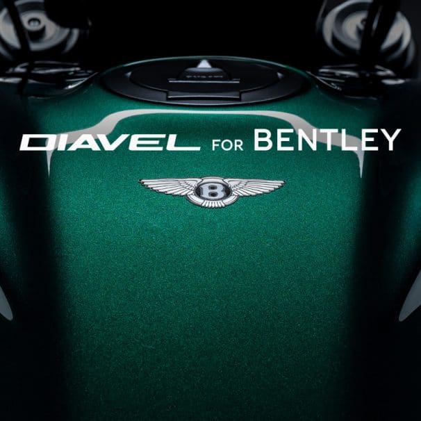 A close-up of a green motorcycle that says "Diavel for Bentley."